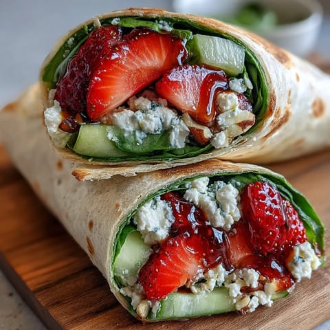 Fresh strawberry spinach wraps with creamy goat cheese crumble and balsamic glaze on whole wheat tortillas.