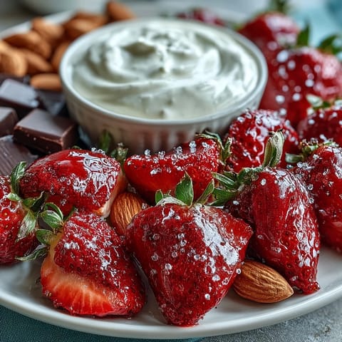 Vibrant strawberry snack board with creamy yogurt dip and sweet-savory accompaniments - perfect for Galentine's gatherings or casual get-togethers.