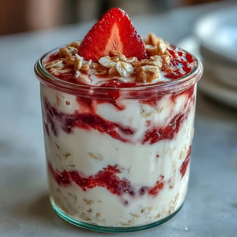 Fluffy yogurt overnight oats with strawberry swirl, creamy and layered with fresh berry sauce, perfect for a healthy breakfast.