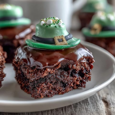 Adorable Leprechaun Hat Brownie Bites with chocolate-dipped marshmallows and green icing, perfect for St. Patrick's Day celebrations.