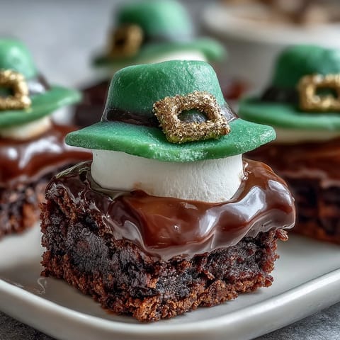 Festive fudgy brownie bites topped with chocolate-coated marshmallow hats and gold sprinkle buckles for a lucky St. Patrick's Day dessert.