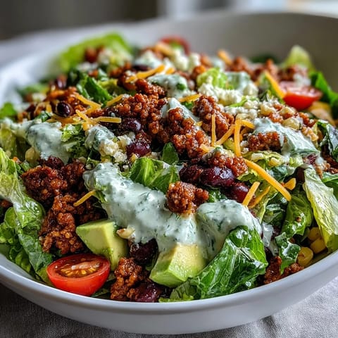 Vibrant taco salad bowls packed with seasoned turkey, fresh veggies, and creamy Greek yogurt ranch dressing.  