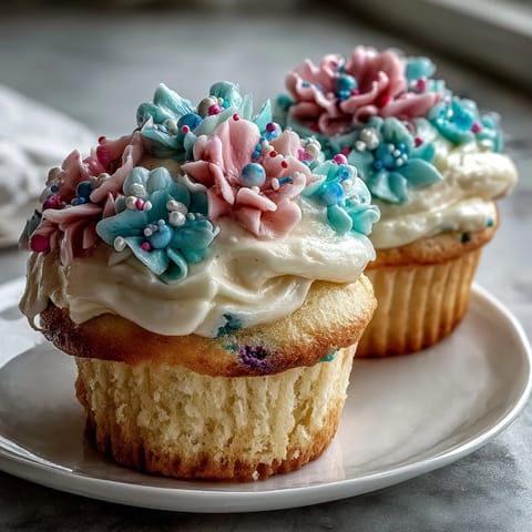 Adorable vanilla cupcakes with delicate buttercream flowers in pastel shades, perfect for baby showers and spring celebrations.