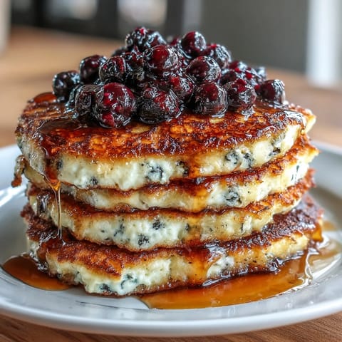A stack of fluffy cottage cheese protein pancakes with juicy blueberries, served with a drizzle of maple syrup and a dollop of Greek yogurt.