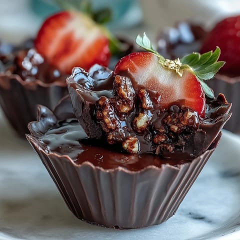 Decadent chocolate cups filled with fresh strawberries and crunchy pistachio topping—Dubai Chocolate Strawberry Cups with Pistachio Crunch.