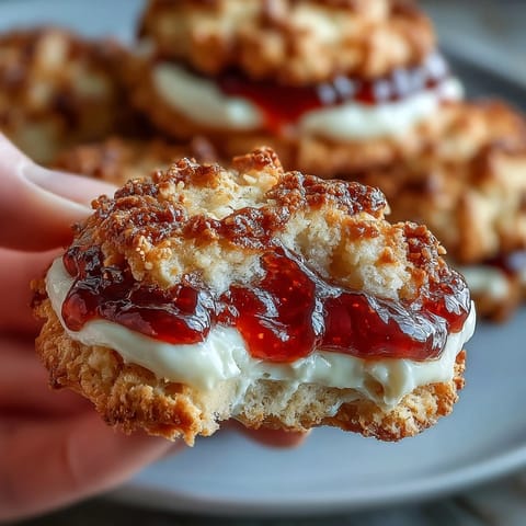 Clotted cream sugar cookies with strawberry jam centers, soft and buttery, topped with a vibrant jewel-like fruit filling.  
