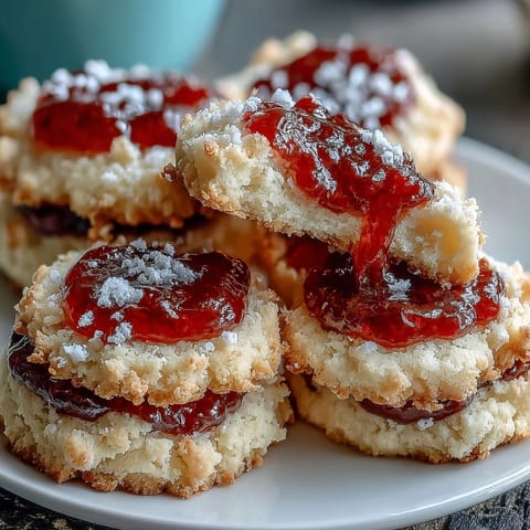 Golden-edged sugar cookies with clotted cream, each one crowned with a glossy, sweet strawberry jam center for teatime delight.  