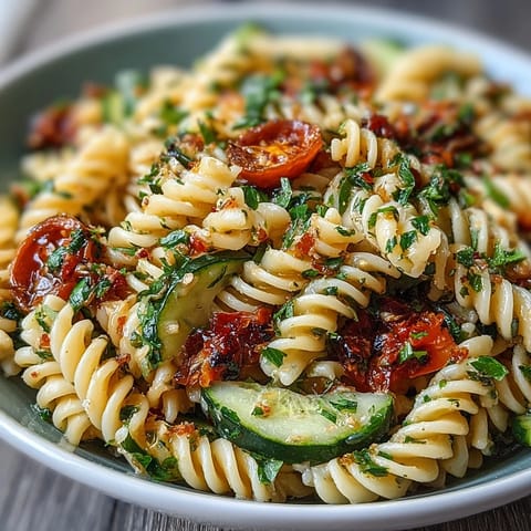 Refreshing pasta salad tossed with crisp cucumbers, juicy cherry tomatoes, and zesty lemon dressing, ideal for picnics or potlucks.