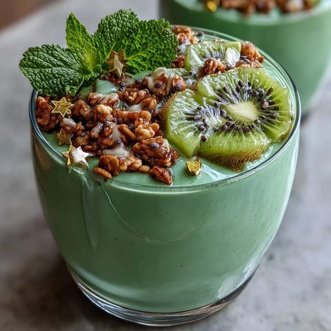 Vibrant St. Patrick's Day smoothie bowl featuring a rich green base with protein powder, layered with fresh mint and crunchy toppings.