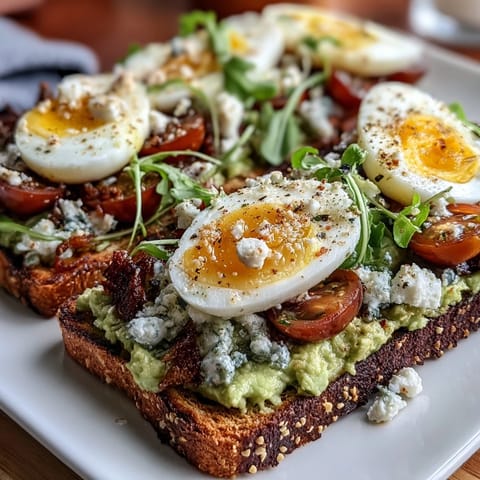Spring brunch avocado toast board with colorful toppings and sliced eggs on multigrain bread