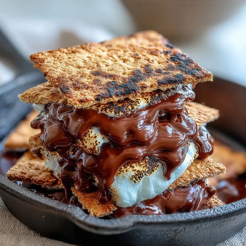Gooey 4th of July smores dip bubbling in a cast iron skillet with toasted marshmallows and festive candy sprinkles.