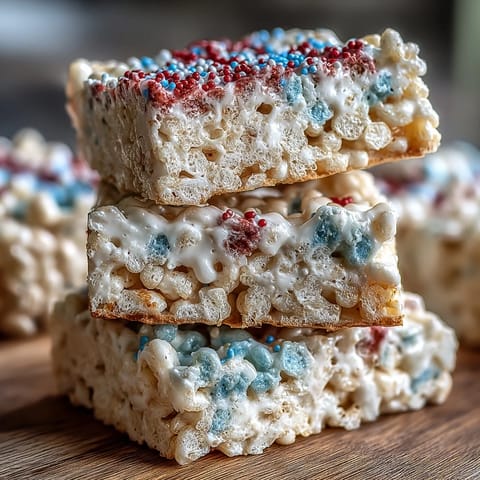 Vibrant red, white, and blue Rice Krispies treats layered for a festive 4th of July dessert.