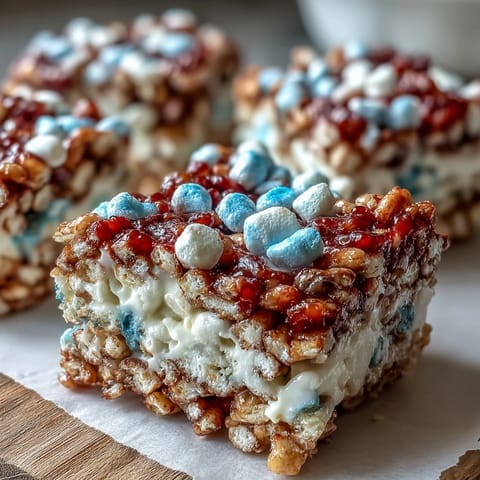 Chewy, colorful Rice Krispies treats with patriotic red, white, and blue layers—perfect for Independence Day.