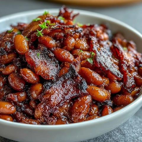 1. Summer BBQ baked beans with brown sugar and bacon in a cast-iron skillet, bubbling with sweet-smoky sauce and crispy bacon bits.  