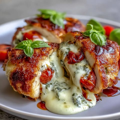 Golden baked Caprese stuffed chicken breast, drizzled with sweet balsamic glaze.