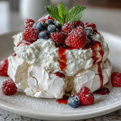 Pavlova with Fresh Berries and Cream: a bright, berry-crowned dessert showcasing fluffy meringue.