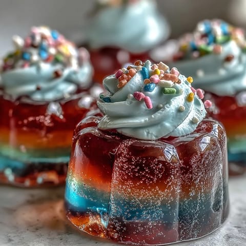 Kids will love these colorful Rainbow Jello Cups, perfect for a fun, chilled party dessert.