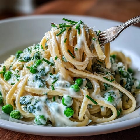 Vibrant Spring Pasta with Lemon Cream Sauce and Peas, glistening with freshness.