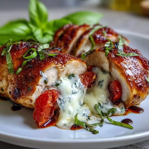 Delicious Caprese stuffed chicken breast oozing with melted mozzarella and fresh tomatoes.