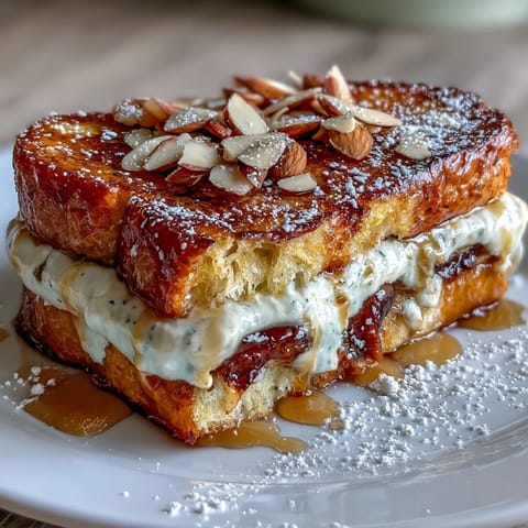 Decadent almond croissant French toast with golden brioche slices soaked in almond cream and topped with toasted sliced almonds.  