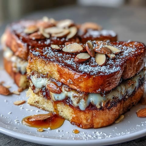 Fluffy brioche French toast layered with rich almond cream, pan-fried to golden brown and garnished with crunchy toasted almonds.  