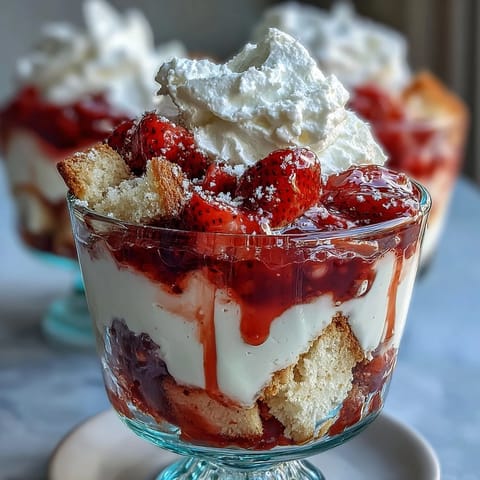 This stunning strawberry shortcake trifle features juicy berries, tender cake, and fluffy whipped cream in a clear dish.  