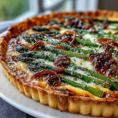 Elegant brunch quiche featuring tender asparagus, creamy Gruyère, and sweet shallots baked to perfection.  