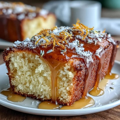 Luscious Honey Glazed Lemon Lavender Loaf Cake, perfect slice for afternoon tea.