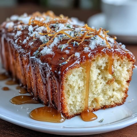 Lemon Lavender Loaf Cake with Honey Glaze, moist crumb, golden crust, delicate floral aroma.