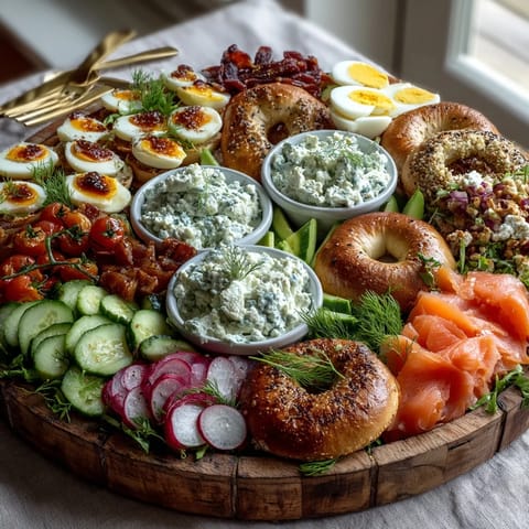 Impressive Mother's Day Brunch: Smoked Salmon Bagel Board with fresh dill.