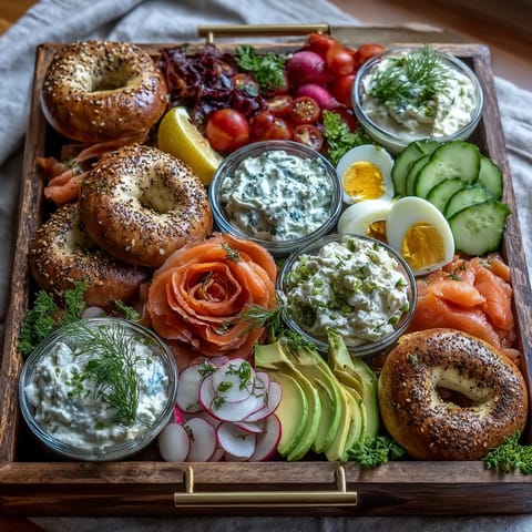 Vibrant Mother's Day Brunch: Smoked Salmon Bagel Board, a feast of flavors.