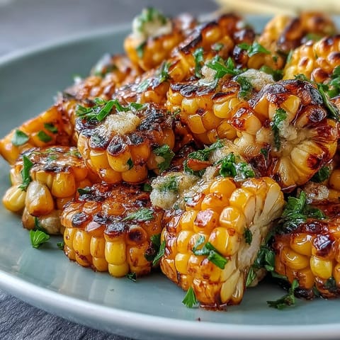 Golden grilled corn sits on a platter with four colorful bowls of herbed butter.