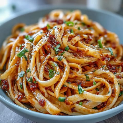 Creamy gochujang butter pasta with glossy, umami-rich sauce clinging to al dente spaghetti strands.