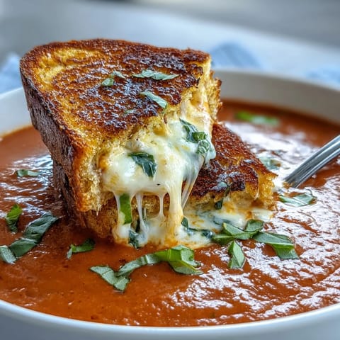 A bowl of creamy tomato basil soup topped with golden grilled cheese croutons, served with fresh basil leaves.