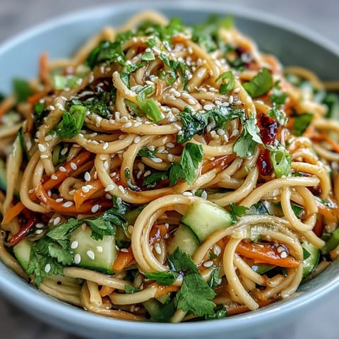 Chilled soba noodle salad with sesame ginger dressing, colorful and crisp.
