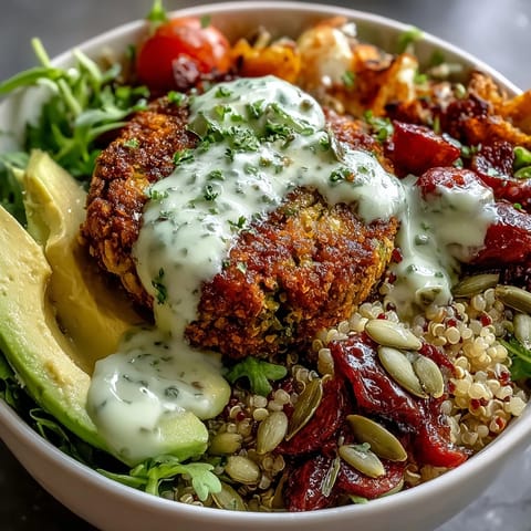 Vibrant Spring Buddha Bowl with roasted vegetables, crispy falafel, and zesty lemon-tahini dressing in a nourishing vegetarian meal.  
