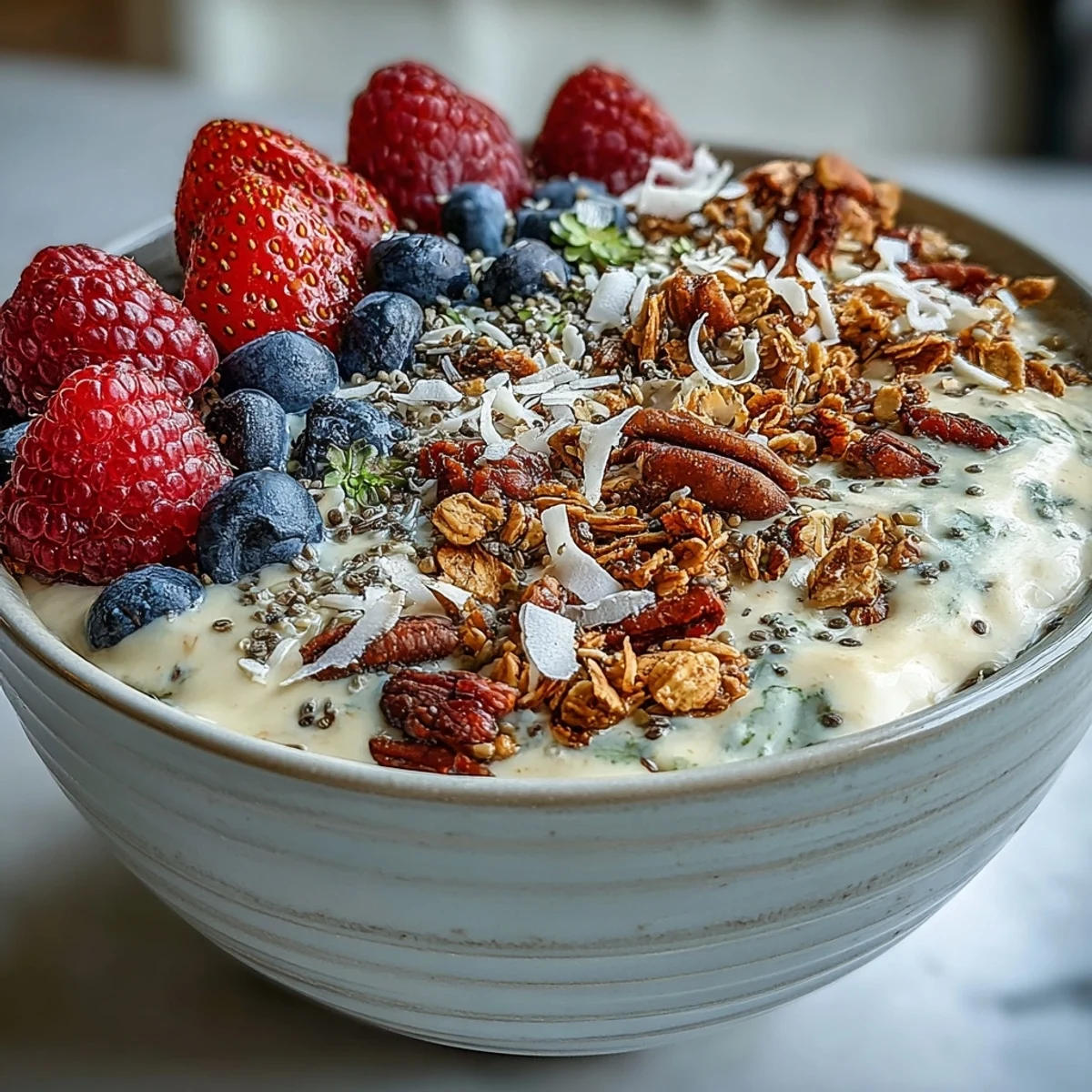 Berry-filled skyr protein smoothie bowl, a vibrant, cool, and healthy breakfast treat.