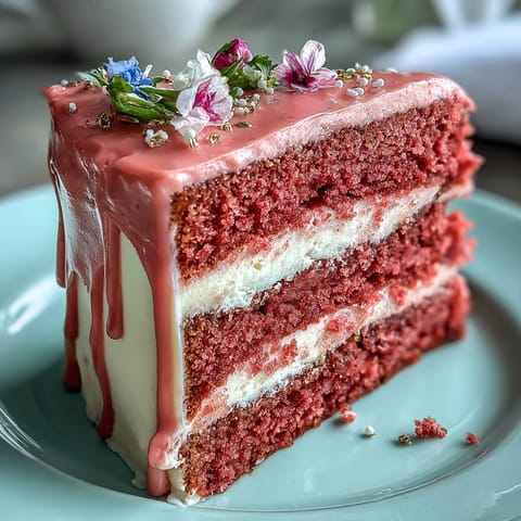 Elegant pink Rosé Velvet Cake with beautiful gold drip frosting.