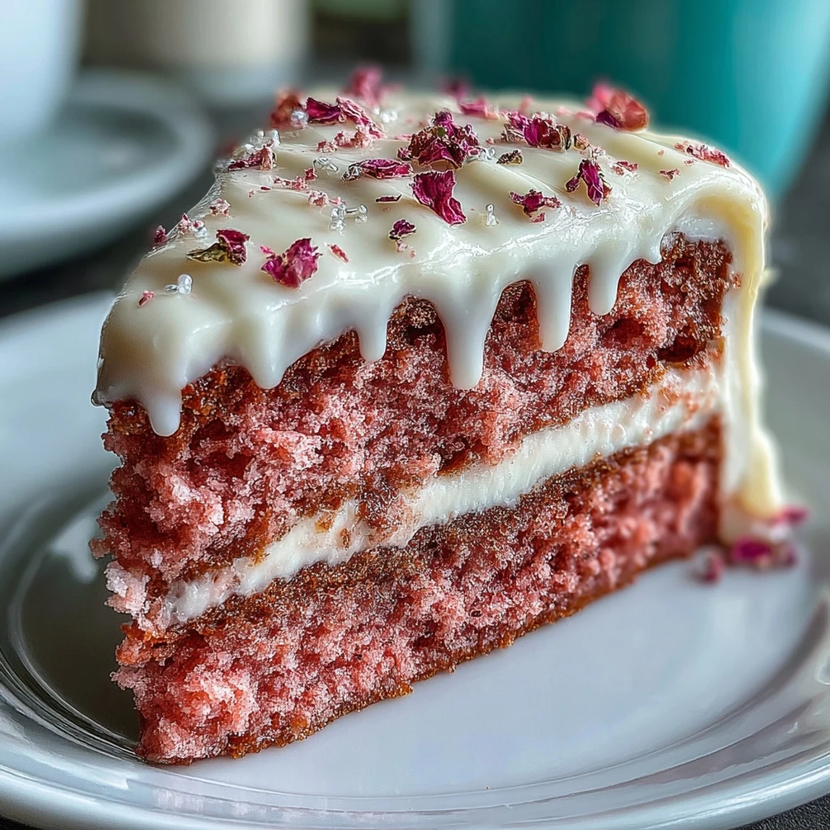 Decadent Rosé Velvet Cake, showered with shimmering edible gold drips.