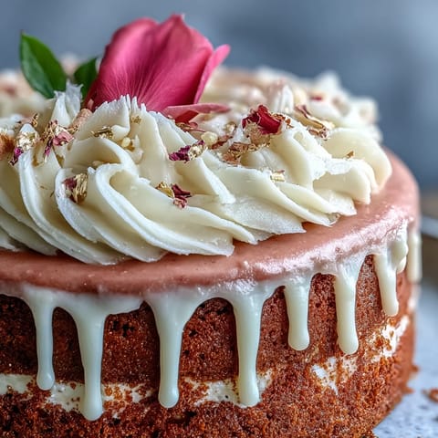 Elegant Bridal Shower Rosé Velvet Cake with shimmering gold drip.