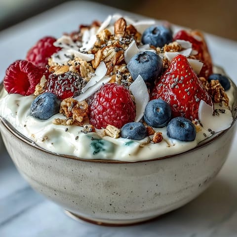 Thick skyr protein smoothie bowl with creamy texture, topped with fresh berries and granola.