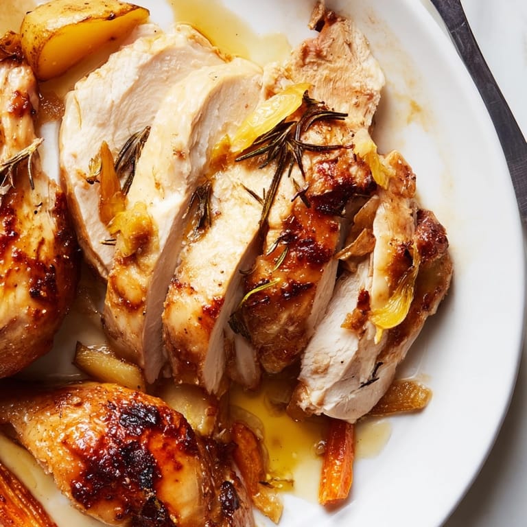 Savory Lemon Herb Roasted Chicken with Garlic plated alongside colorful roasted vegetables, ready to serve.