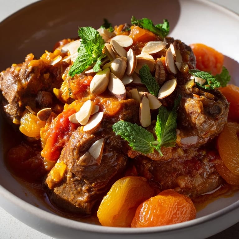 Colorful Moroccan Lamb Tagine served with fresh herbs and toasted almonds on top. 