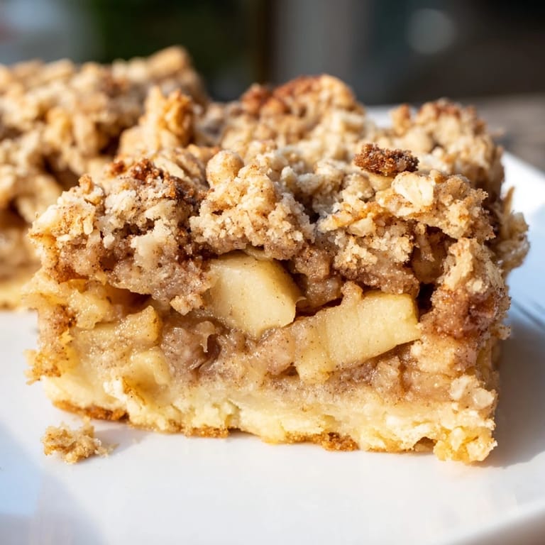 Freshly baked Cinnamon Apple Crumble Bars with tender apples and crispy topping, heavenly indulgence.