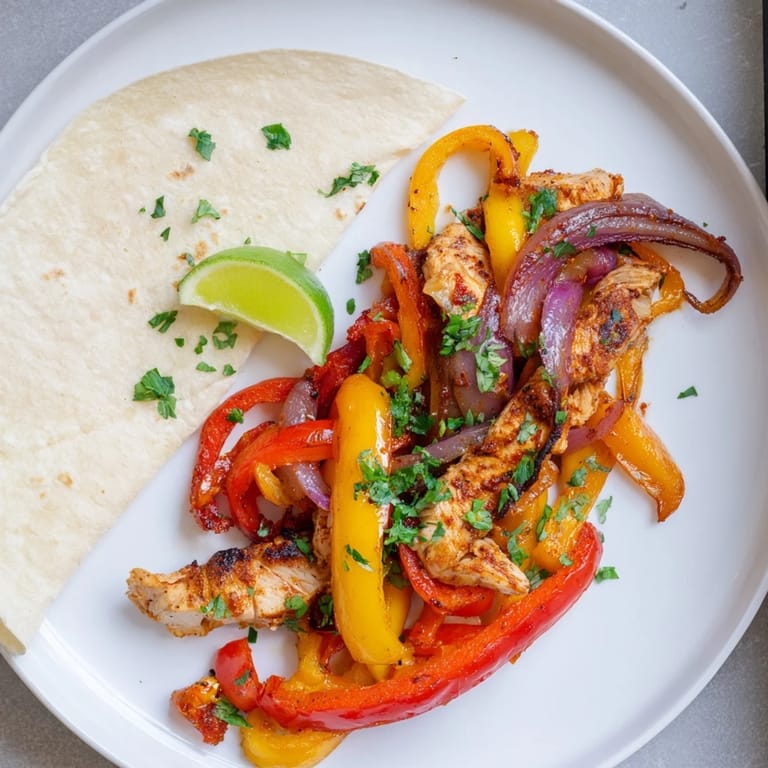 Flavor-packed Sheet Pan Chicken Fajitas served with fresh cilantro and zesty lime wedges.