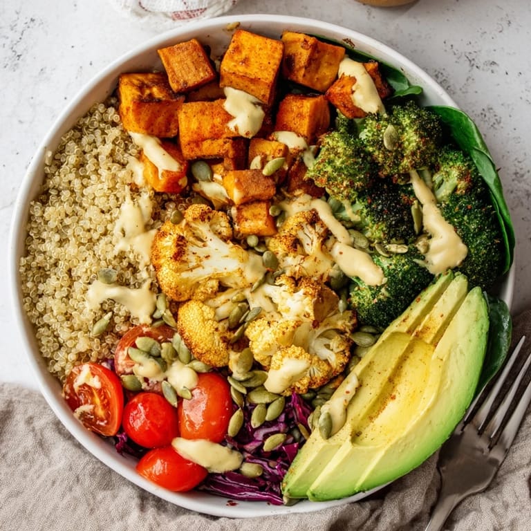 Colorful, nutritious Veggie-Packed Buddha Bowl filled with roasted vegetables and quinoa.  