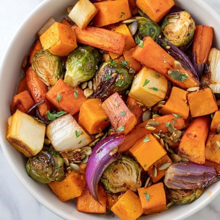Colorful roasted autumn vegetable medley served warm, drizzled with olive oil and garlic.