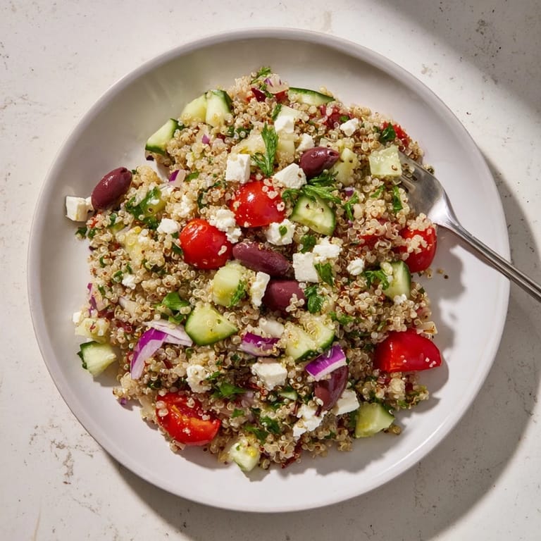 Delicious Mediterranean Quinoa Salad with Feta, featuring fluffy quinoa and crisp cucumbers.