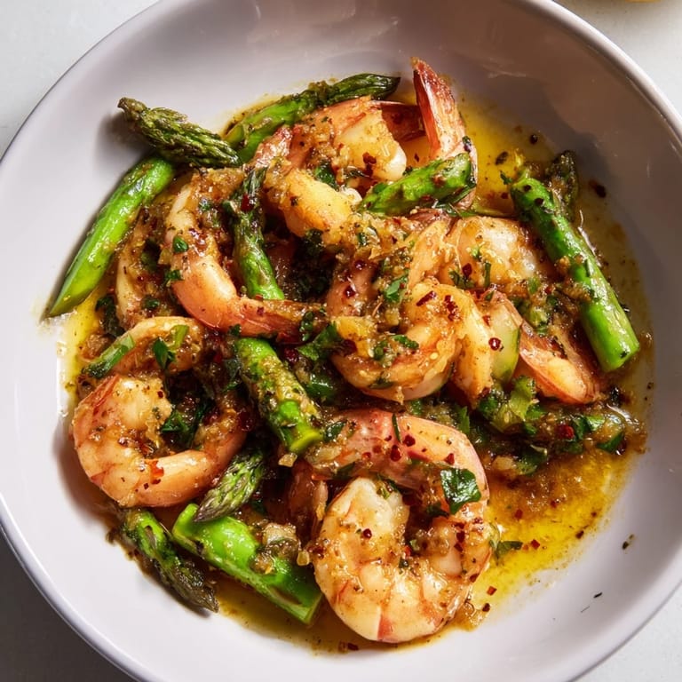 Quick and easy One-Pan Garlic Butter Shrimp and Asparagus on a dinner plate, glistening with sauce.  