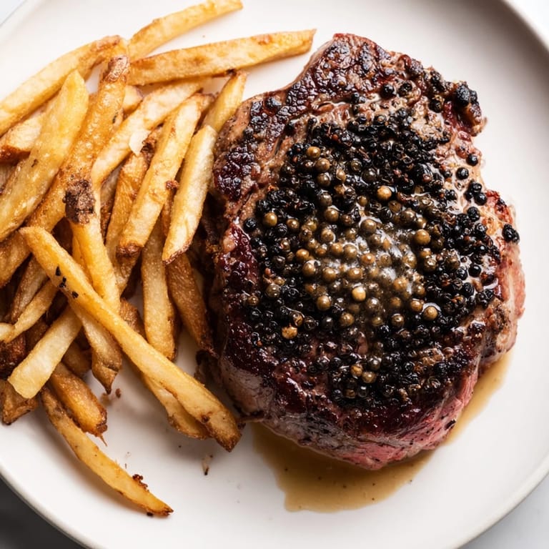 Perfectly cooked Classic Peppercorn Ribeye, served with a velvety peppercorn sauce and irresistibly crispy fries.